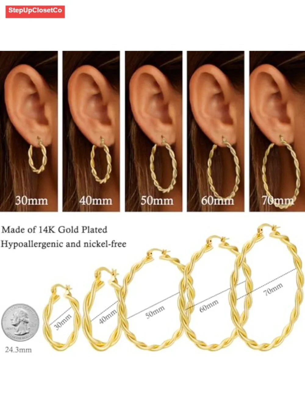 4mm Twist Hoop Earrings Sterling Silver Post 14K Gold Plated Lightweight Women